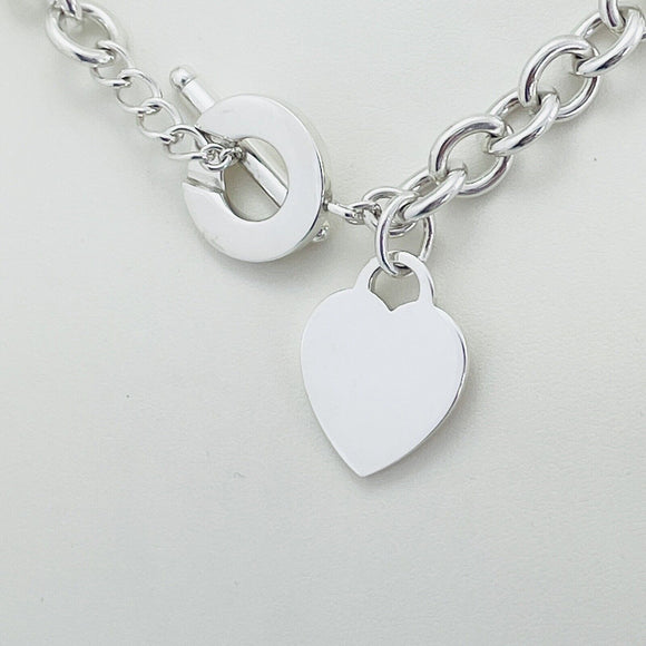 18" Tiffany & Co Silver Blank Heart Tag Toggle Necklace with Blue Pouch