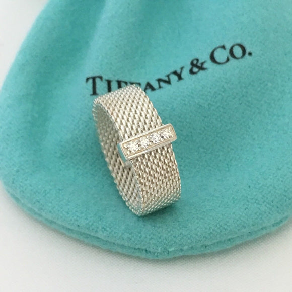 Size 8 Tiffany Somerset 4 Diamond Mesh Weave Band Ring in Sterling Silver