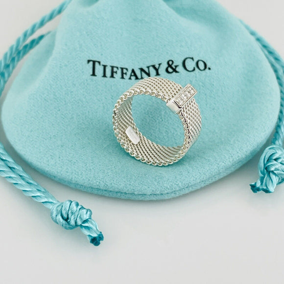 Size 3.5 Tiffany & Co Somerset 4 Diamond Ring Mesh Weave in Sterling Silver