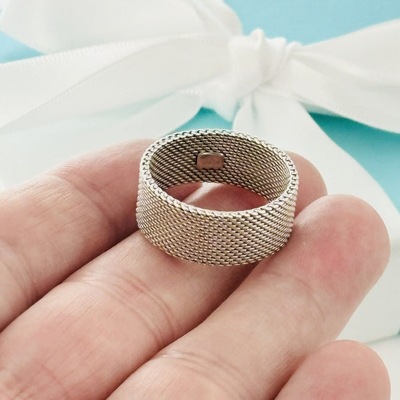 Size 10.5 Tiffany Somerset Ring Firm Mesh Weave Mens Unisex in Sterling Silver