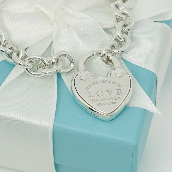 18" Please Return to Tiffany Love Heart Charm Pendant Padlock Lock Rolo Necklace