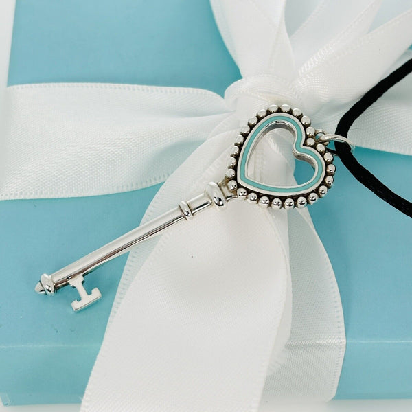 20" Tiffany & Co Large Blue Enamel Heart Tag Key Pendant Beaded on Silk Cord - 6