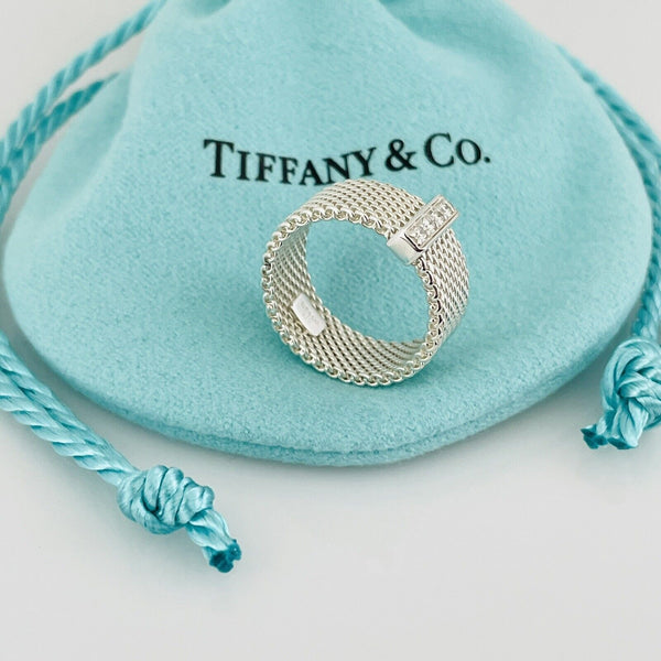Size 4.5 Tiffany & Co Somerset 4 Diamond Ring Mesh Weave in Sterling Silver - 7