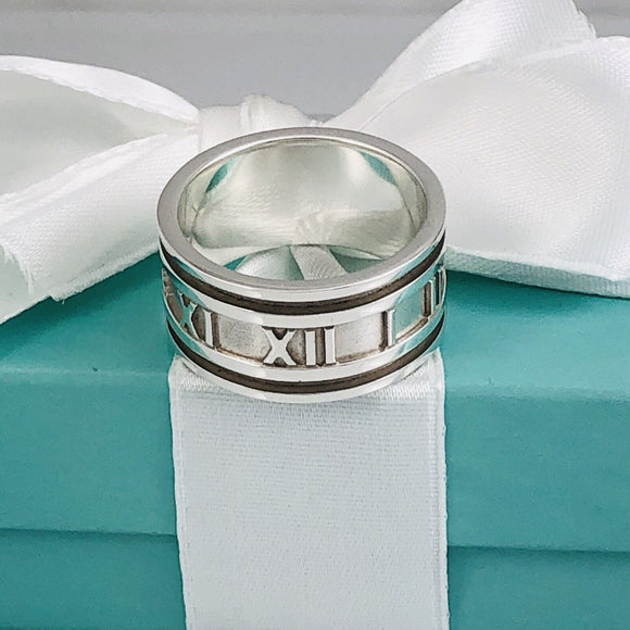 Size 5.5 Tiffany & Co Silver Atlas Ring Unisex Wide Band Roman Numerals