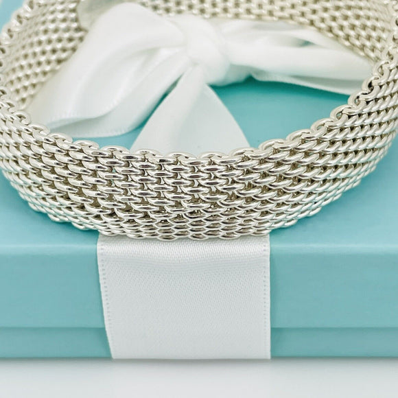 7.5" Tiffany & Co Somerset Flexible Mesh Weave Bangle Bracelet Sterling Silver
