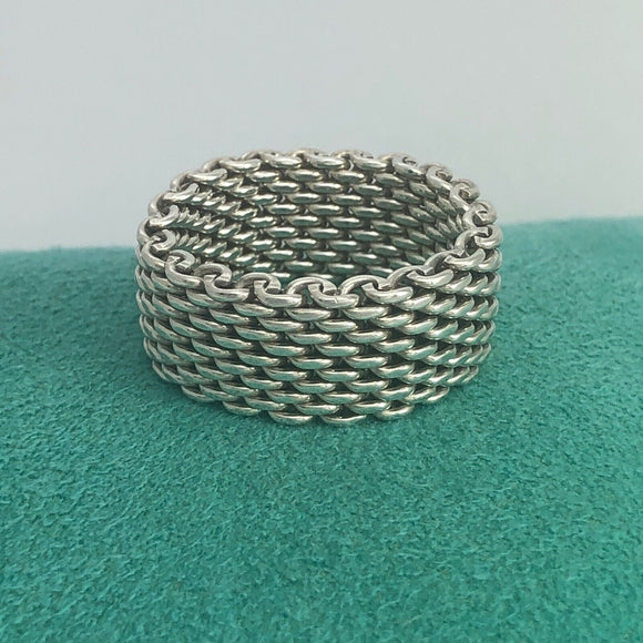 Size 8 Tiffany & Co Somerset Mesh Weave Mens Unisex Ring in Sterling Silver