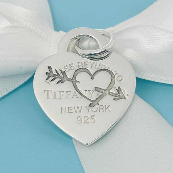 Large Return to Tiffany Etched Love Arrow Heart Tag Pendant Charm Cupid Silver