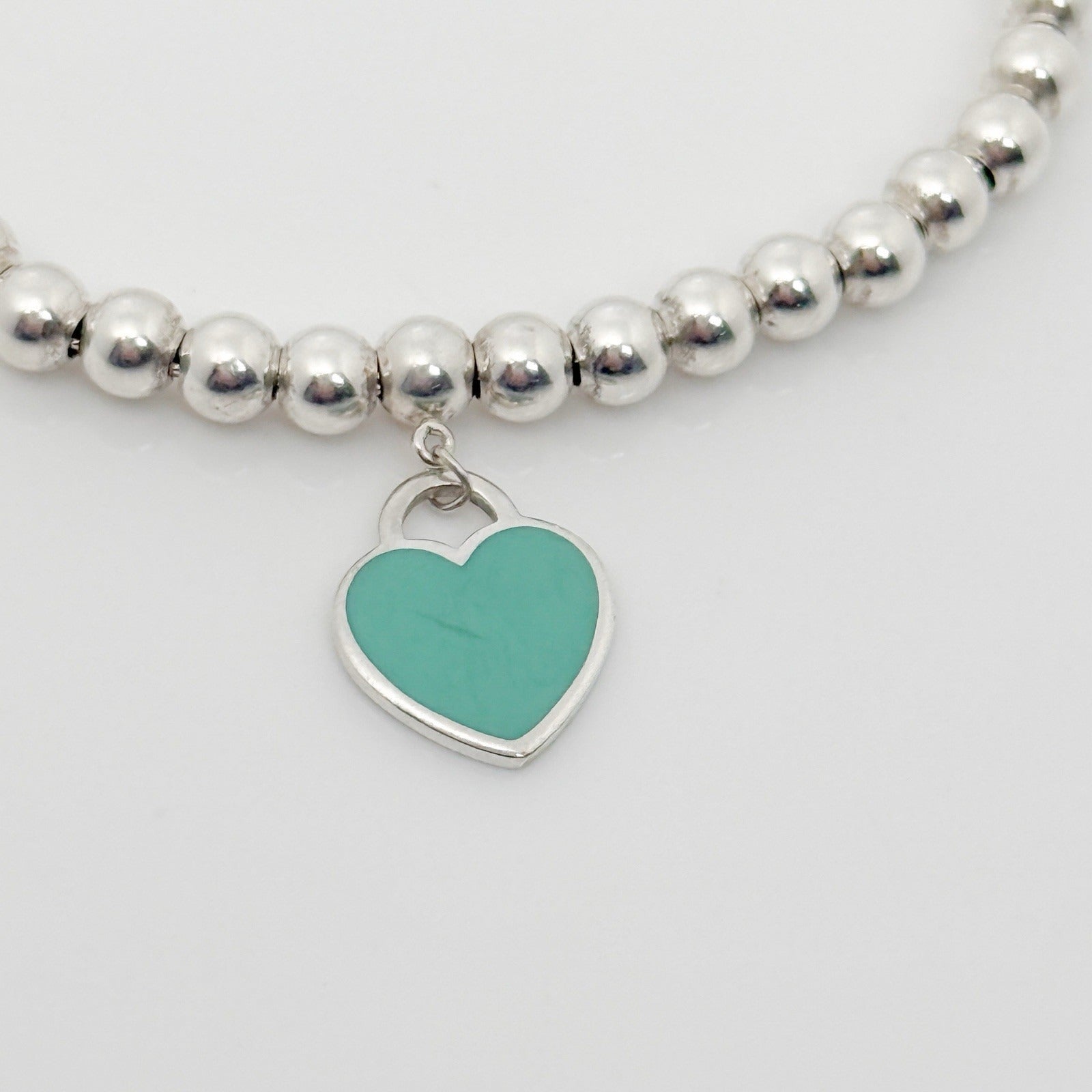 Small 7" Return to Tiffany Blue Enamel Heart Tag Bead Charm Bracelet