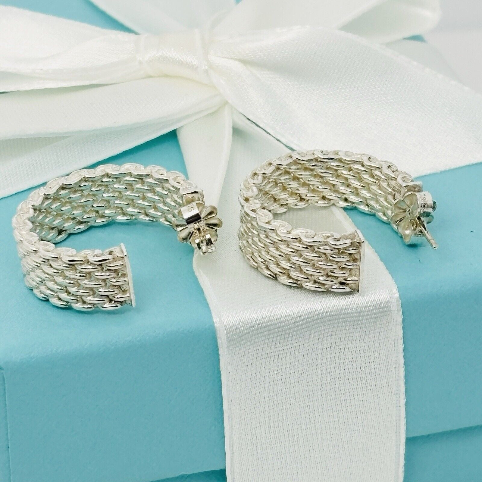 Tiffany & Co Somerset Mesh Hoop Huggie Earrings in Sterling Silver - 0