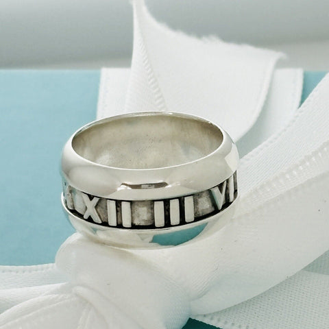 Size 5 Tiffany Atlas Ring Unisex Wide Band Roman Numerals in Sterling Silver