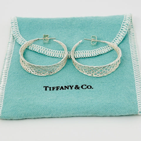 Tiffany & Co Large Mesh Hoop Earrings Basket Weave in Sterling Silver - 0