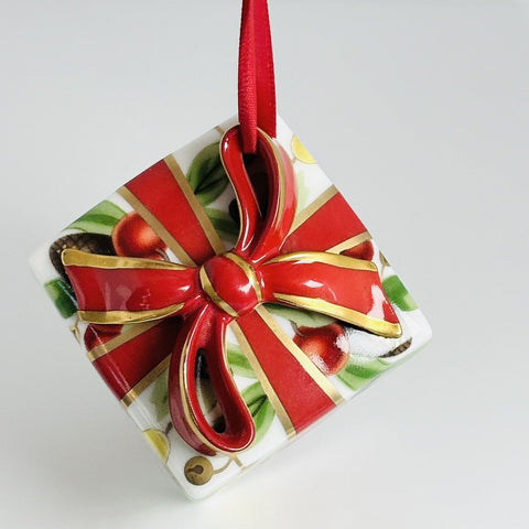 Tiffany Holiday Gift Box and Bow Christmas Holiday Ornament Bone China Porcelain - 0
