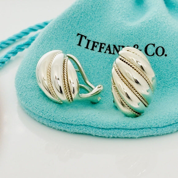 Tiffany Shell Dome Earrings in Sterling Silver and Yellow Gold Twist Omega Back