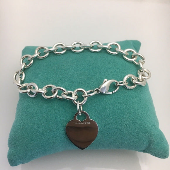 8.75" Large Tiffany & Co Sterling Silver Blank Heart Tag Charm Bracelet Blue Box