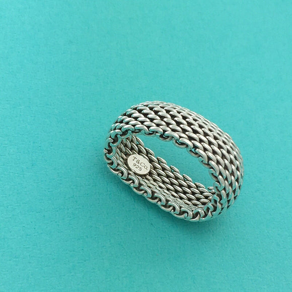 Size 8 Tiffany & Co Mens Unisex Silver Somerset Mesh Weave Flexible Dome Ring