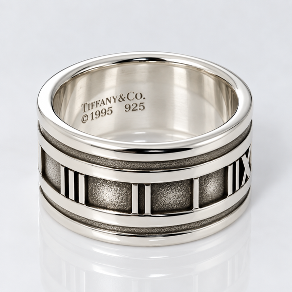 Tiffany & Co. Atlas Ring Size 11 Wide Band Roman Numerals Silver Mens Unisex