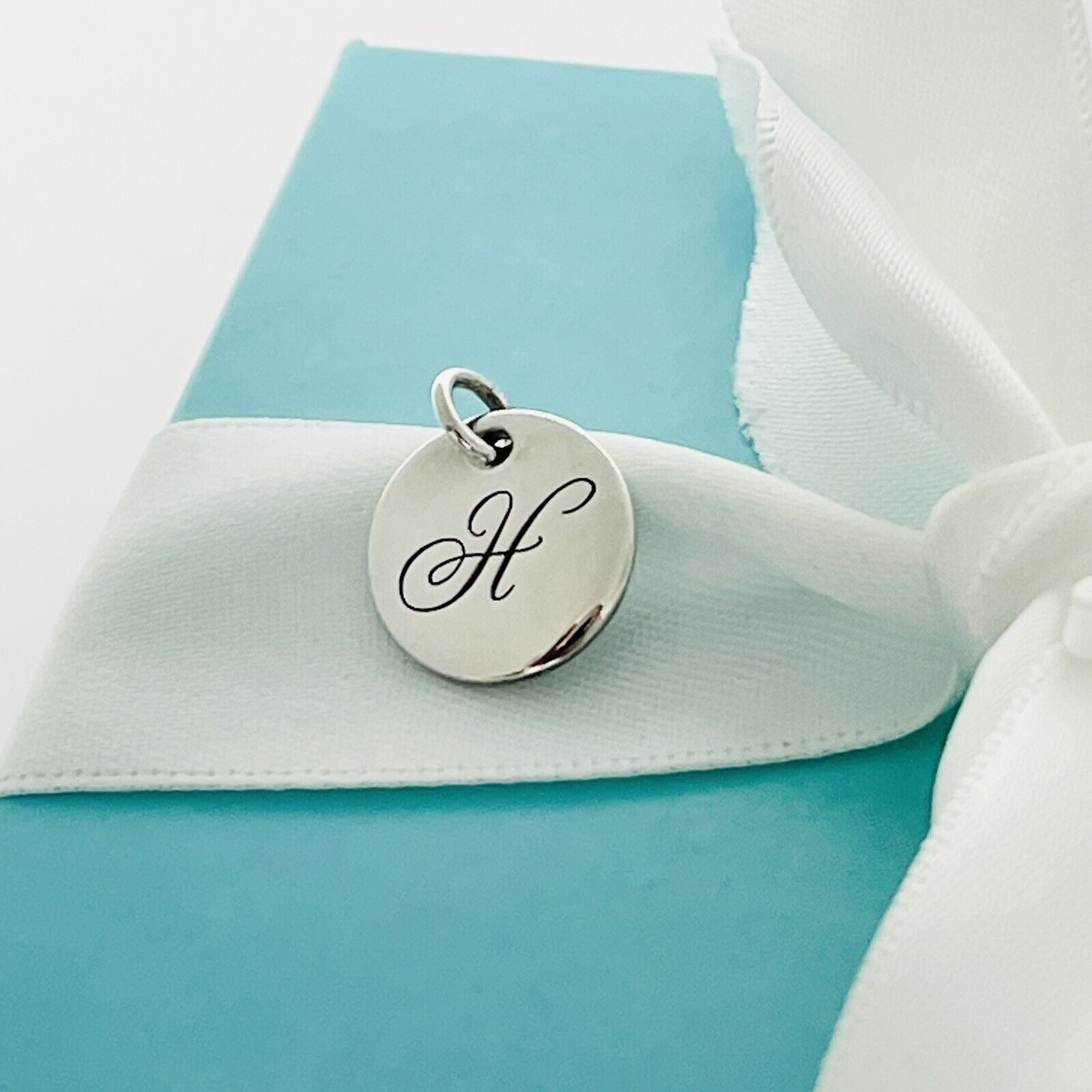 Tiffany Silver Letter H Alphabet Initial Round Circle Notes Charm Pendant
