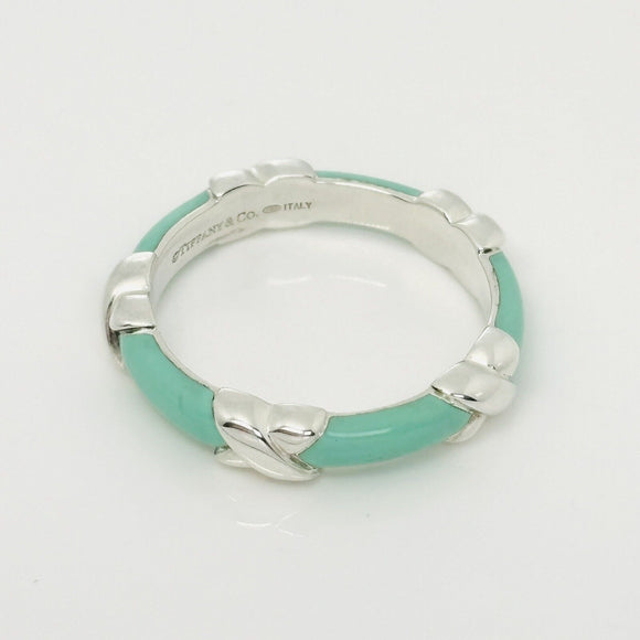 Size 9.5 Tiffany Signature X Kiss Ring in Blue Enamel and Sterling Silver