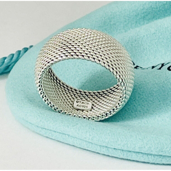 Size 5 Tiffany & Co Somerset Mesh Weave Firm Solid Dome Ring in Silver