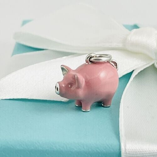RARE Tiffany & Co Pink Enamel Pig Charm Pendant in Sterling Silver - 2