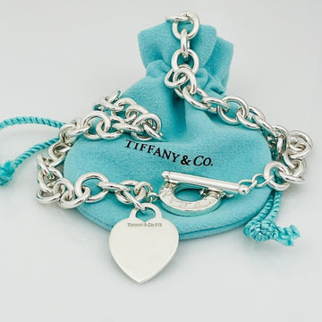 18" Tiffany & Co Silver Blank Heart Tag Toggle Necklace with Blue Pouch