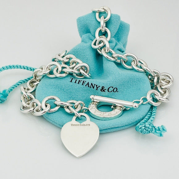 18" Tiffany & Co Silver Blank Heart Tag Toggle Necklace with Blue Pouch