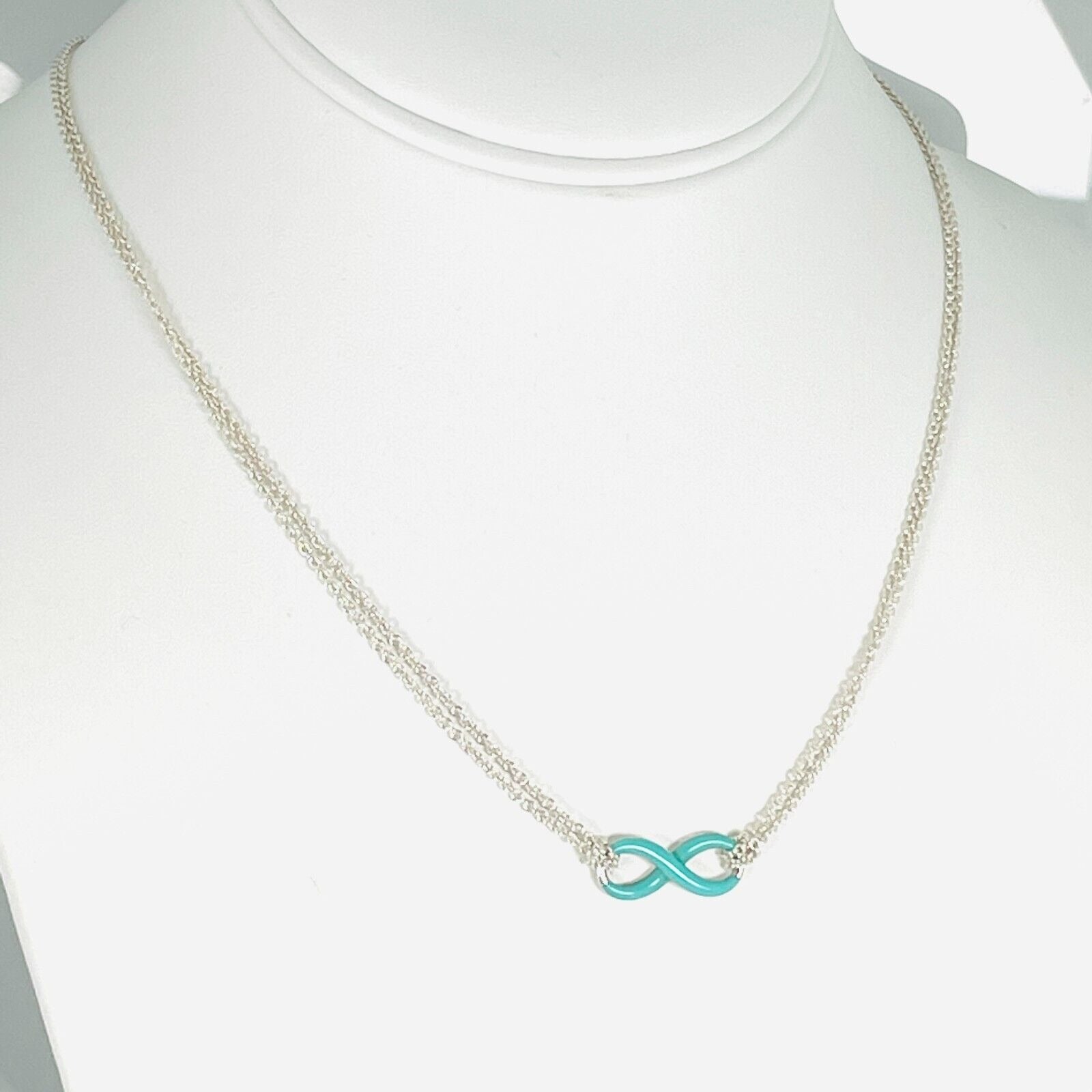 Tiffany & Co Blue Enamel Infinity Pendant Double Chain Necklace