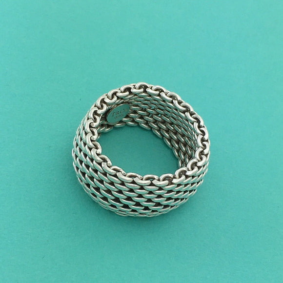 Size 8 Tiffany & Co Mens Unisex Silver Somerset Mesh Weave Flexible Dome Ring
