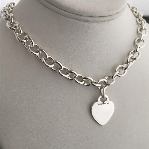 Tiffany & Co Sterling Silver Engravable Blank Heart Tag Necklace with Blue Box