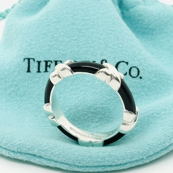 Size 7 Tiffany Signature X Kiss Ring in Black Enamel and Sterling Silver