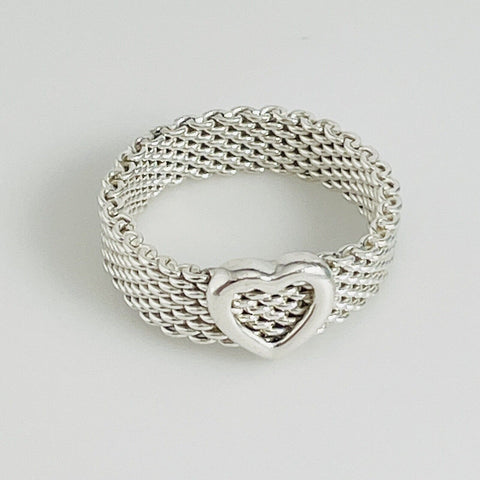 Size 10 Tiffany & Co Somerset Heart Ring Mesh Weave Flexible Sterling Silver