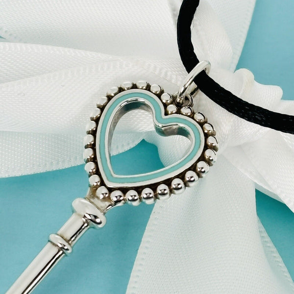 20" Tiffany & Co Large Blue Enamel Heart Tag Key Pendant Beaded on Silk Cord - 2