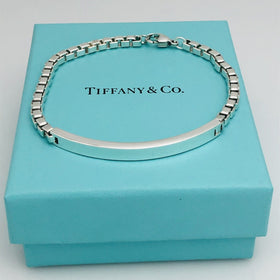 9" Large Unisex Mens Tiffany & Co Silver Venetian ID Box Link I.D. Bracelet