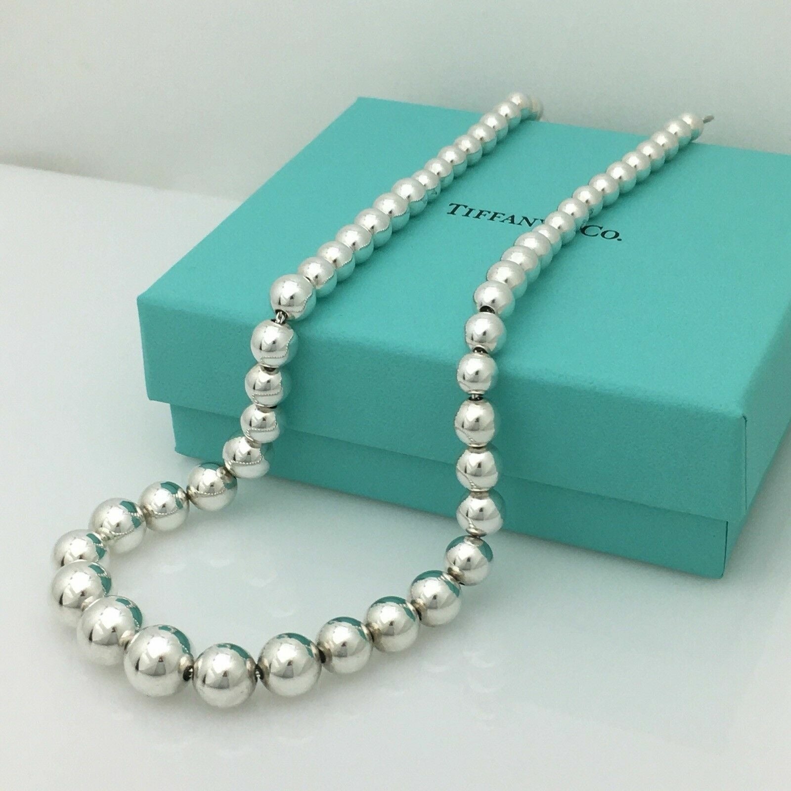 18" Tiffany & Co HardWear Graduated Bead Ball Necklace with Blue Box in Silver