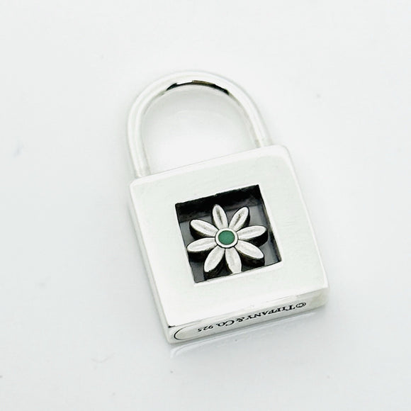Tiffany Blue Enamel Daisy Flower Padlock Lock Charm Pendant in Sterling Silver