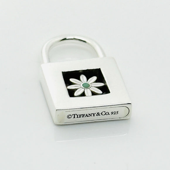 Tiffany Blue Enamel Daisy Flower Padlock Lock Charm Pendant in Sterling Silver