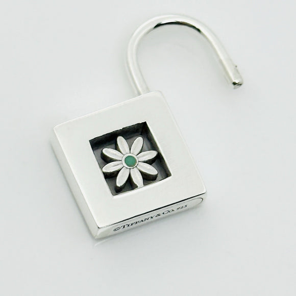 Tiffany Blue Enamel Daisy Flower Padlock Lock Charm Pendant in Sterling Silver