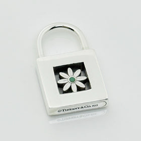 Tiffany Blue Enamel Daisy Flower Padlock Lock Charm Pendant in Sterling Silver