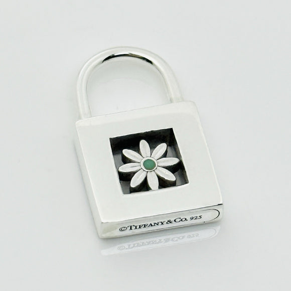 Tiffany Blue Enamel Daisy Flower Padlock Lock Charm Pendant in Sterling Silver