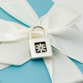 Tiffany Blue Enamel Daisy Flower Padlock Lock Charm Pendant in Sterling Silver - 0
