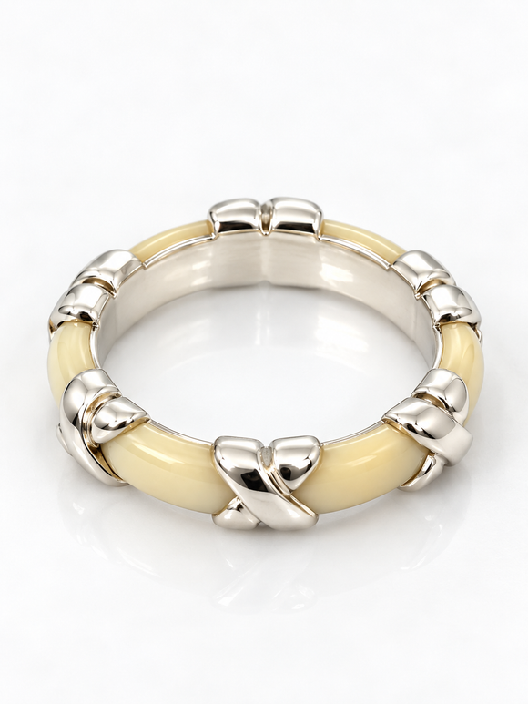 Tiffany & Co. Signature X Ring Size 9.5 in White Enamel and 925 Silver Stacking
