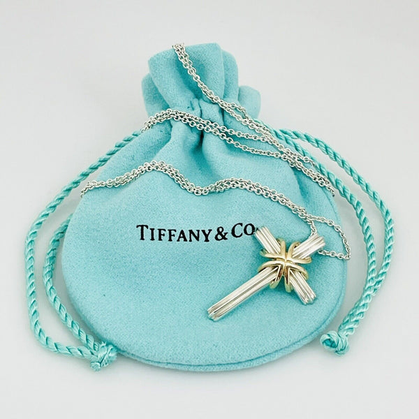 24" Tiffany & Co Cross Crucifix Pendant Necklace Silver 18k Gold Mens Unisex - 3