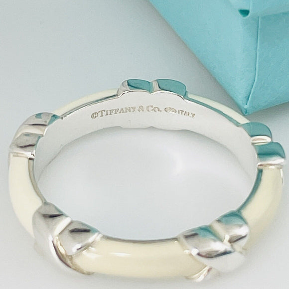 Size 6 Tiffany Signature X Ring in White Enamel and Sterling Silver Stacking
