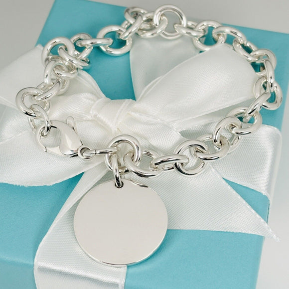 Large 8.5” Tiffany Round Circle Tag Charm Bracelet Engravable Blank