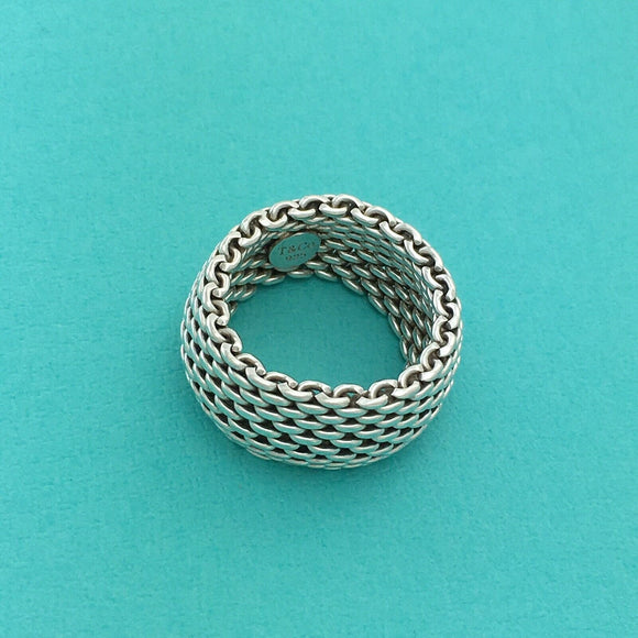 Size 8 Tiffany & Co Mens Unisex Silver Somerset Mesh Weave Flexible Dome Ring