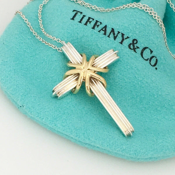 20" Tiffany & Co Mens Unisex Silver 18K Gold Cross Crucifix Pendant Necklace - 5