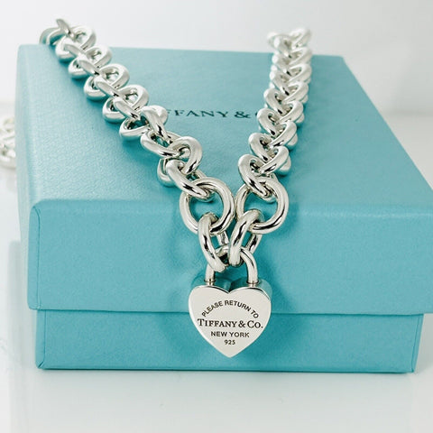 18" Return to Tiffany & Co Heart Padlock Lock Pendant Necklace in Silver