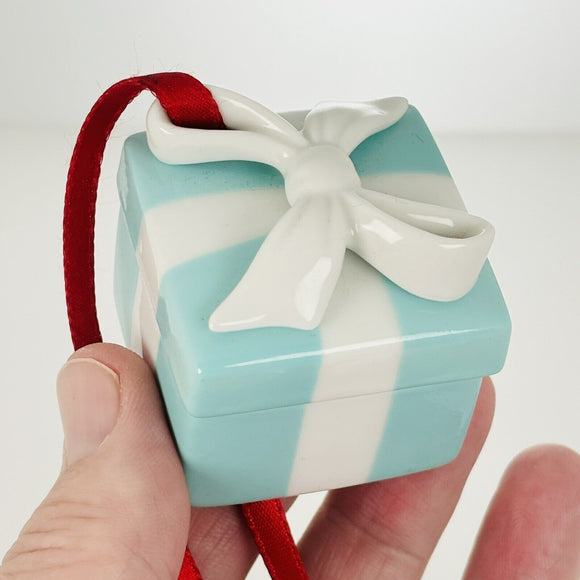 Tiffany Blue Gift Box and Bow Christmas Holiday Ornament Bone China Porcelain