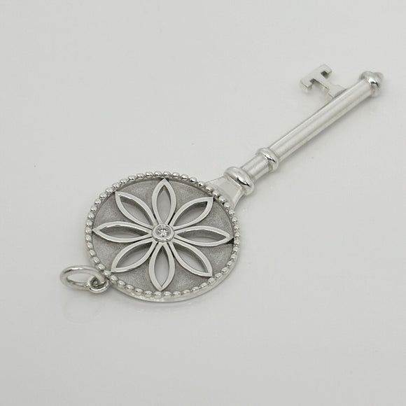 Tiffany T Daisy Flower Diamond Key Pendant in Sterling Silver Size Large 2.4"