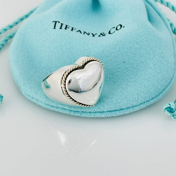 Size 5.5 Tiffany & Co Silver and 18K Gold Twist Rope Puffed Heart Ring - 2
